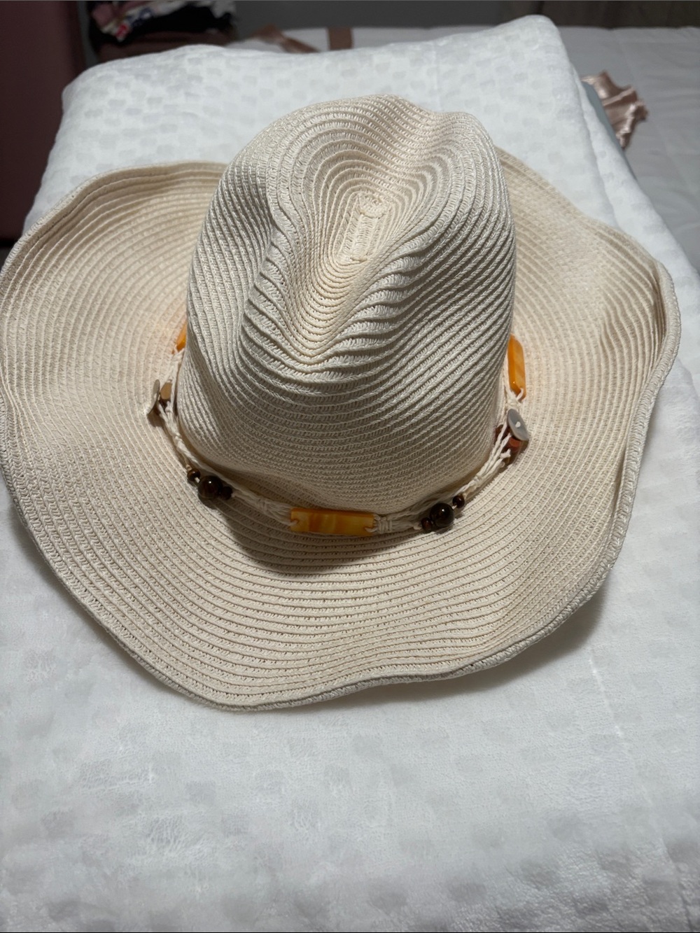 C.C Cream Straw Sun Hat with Amber Bead Band